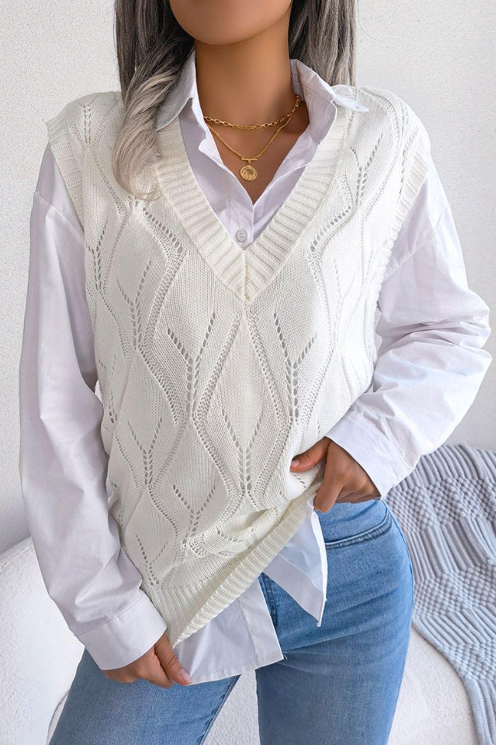 Openwork Ribbed Trim Sweater Vest-TOPS / DRESSES-[Adult]-[Female]-White-S-2022 Online Blue Zone Planet