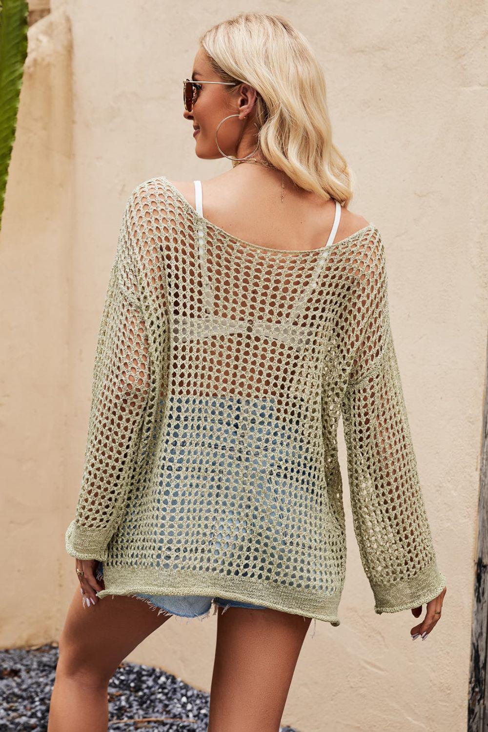 Openwork Round Neck Long Sleeve Cover Up BLUE ZONE PLANET