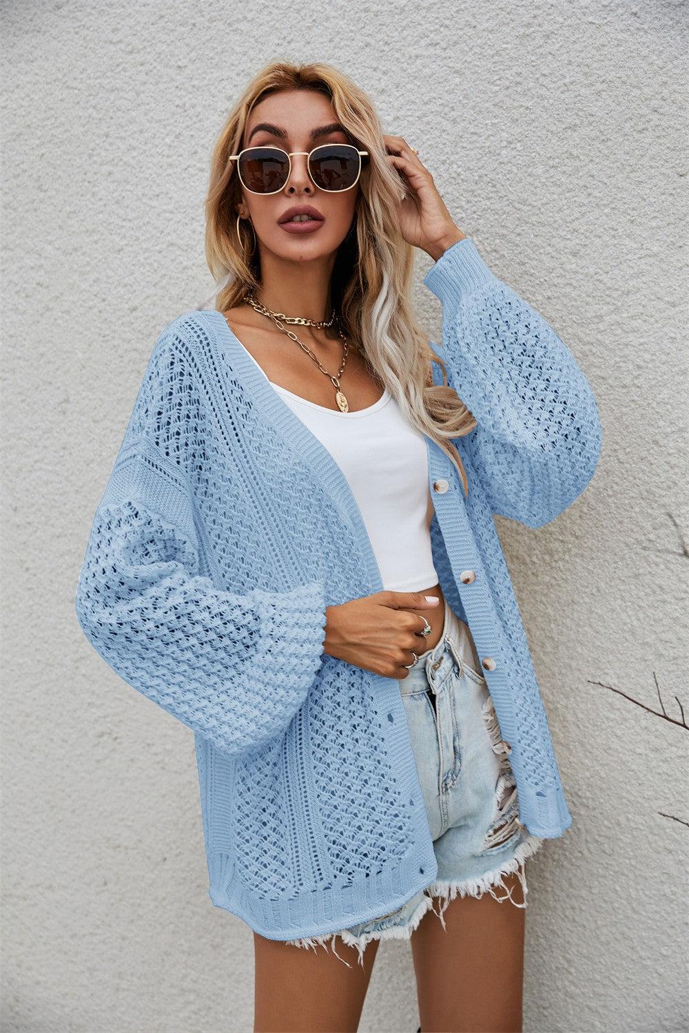 Openwork V-Neck Dropped Shoulder Cardigan BLUE ZONE PLANET