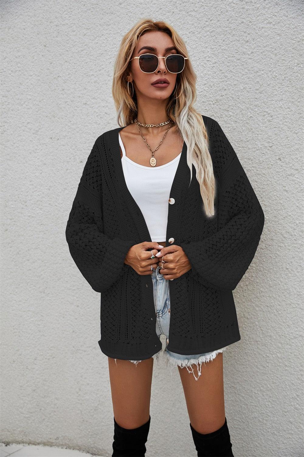 Openwork V-Neck Dropped Shoulder Cardigan BLUE ZONE PLANET