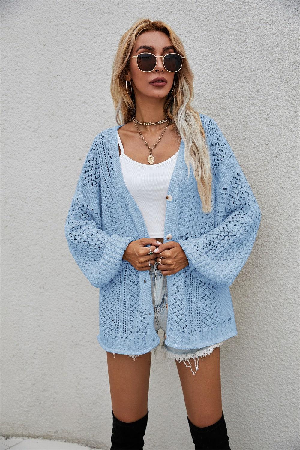 Openwork V-Neck Dropped Shoulder Cardigan BLUE ZONE PLANET