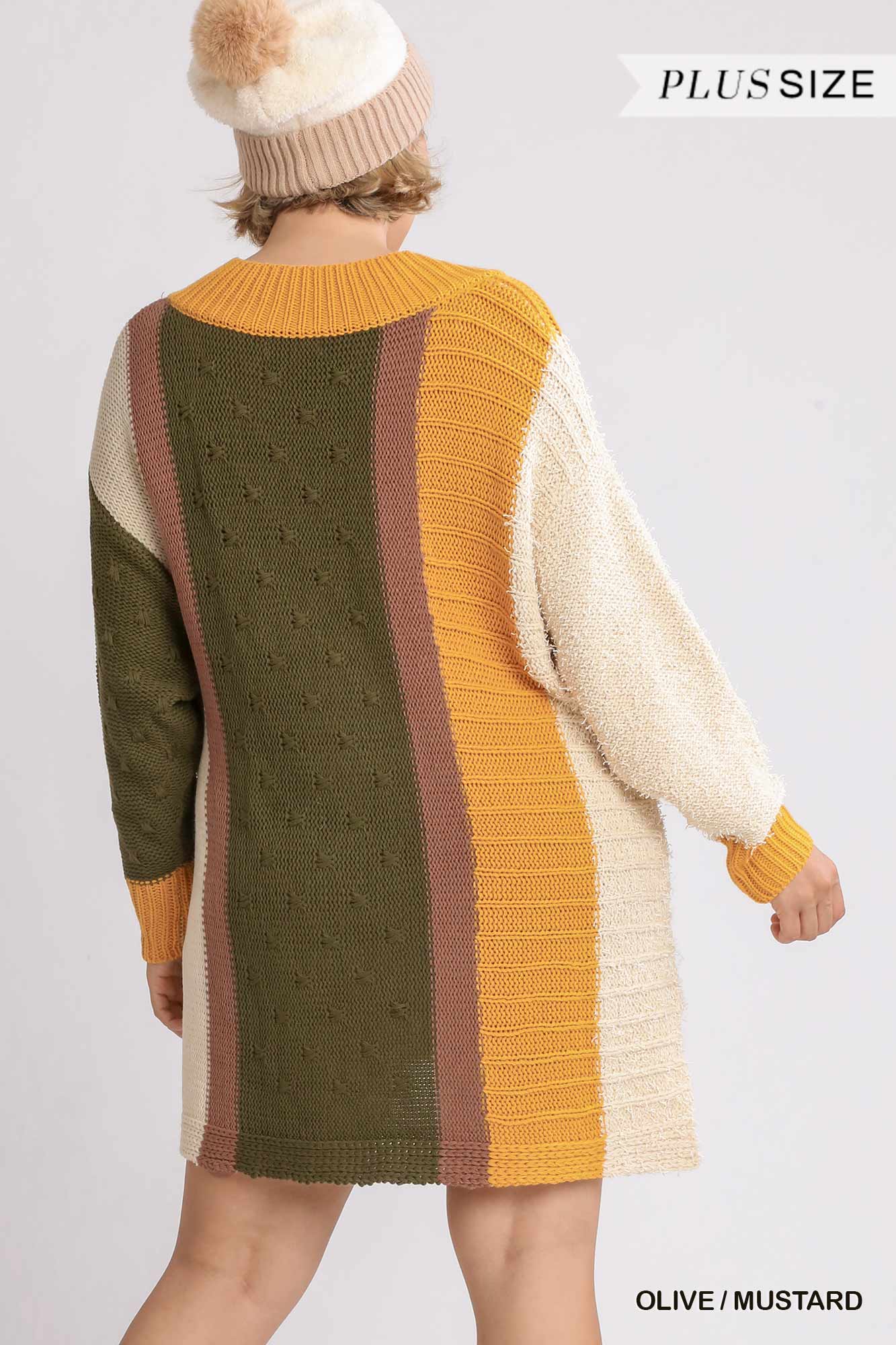 Oversized Multicolor Bouclé V-neck Pullover Sweater Dress With Side Slit-[Adult]-[Female]-Blue Zone Planet