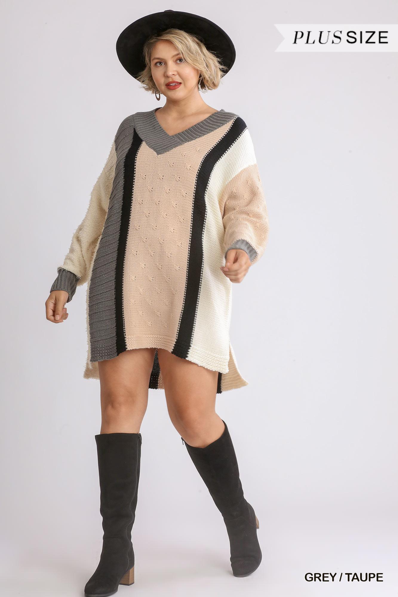 Oversized Multicolor Bouclé V-neck Pullover Sweater Dress With Side Slit-[Adult]-[Female]-Blue Zone Planet