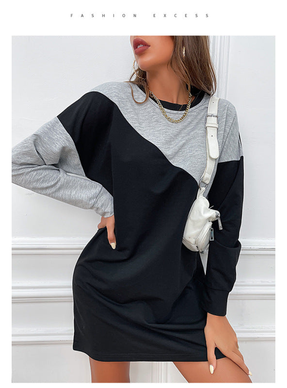 Blue Zone Planet | Contrast Color Block Loose Sweater Mini Dress with Long Sleeves-TOPS / DRESSES-[Adult]-[Female]-Black-S-2022 Online Blue Zone Planet