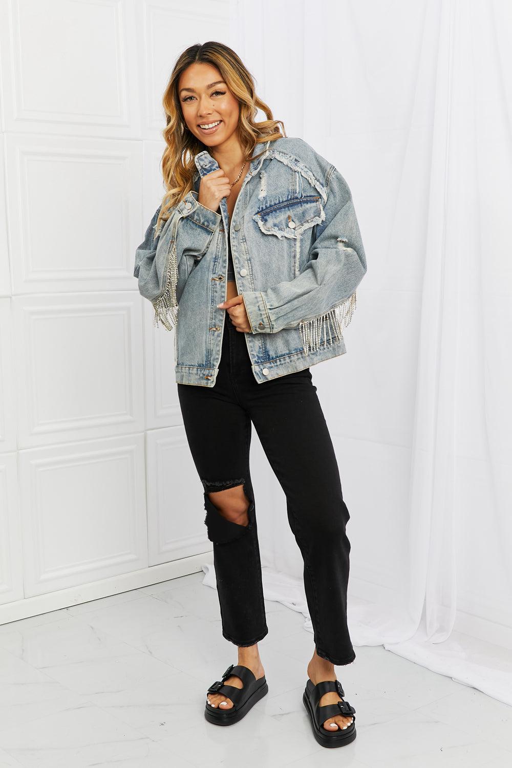 Blue Zone Planet |  POL Time To Shine Twill Denim Fringe Jacket BLUE ZONE PLANET