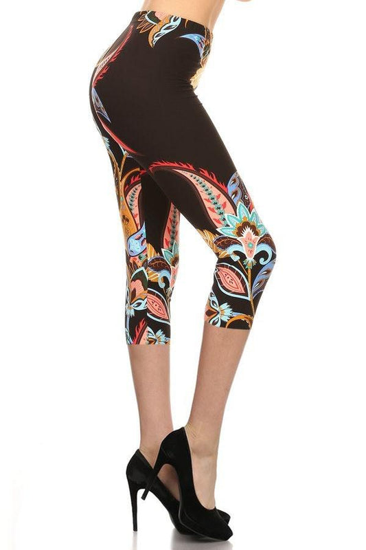 Paisley Floral Pattern Printed Lined Knit Capri Legging With Elastic Waistband. Blue Zone Planet