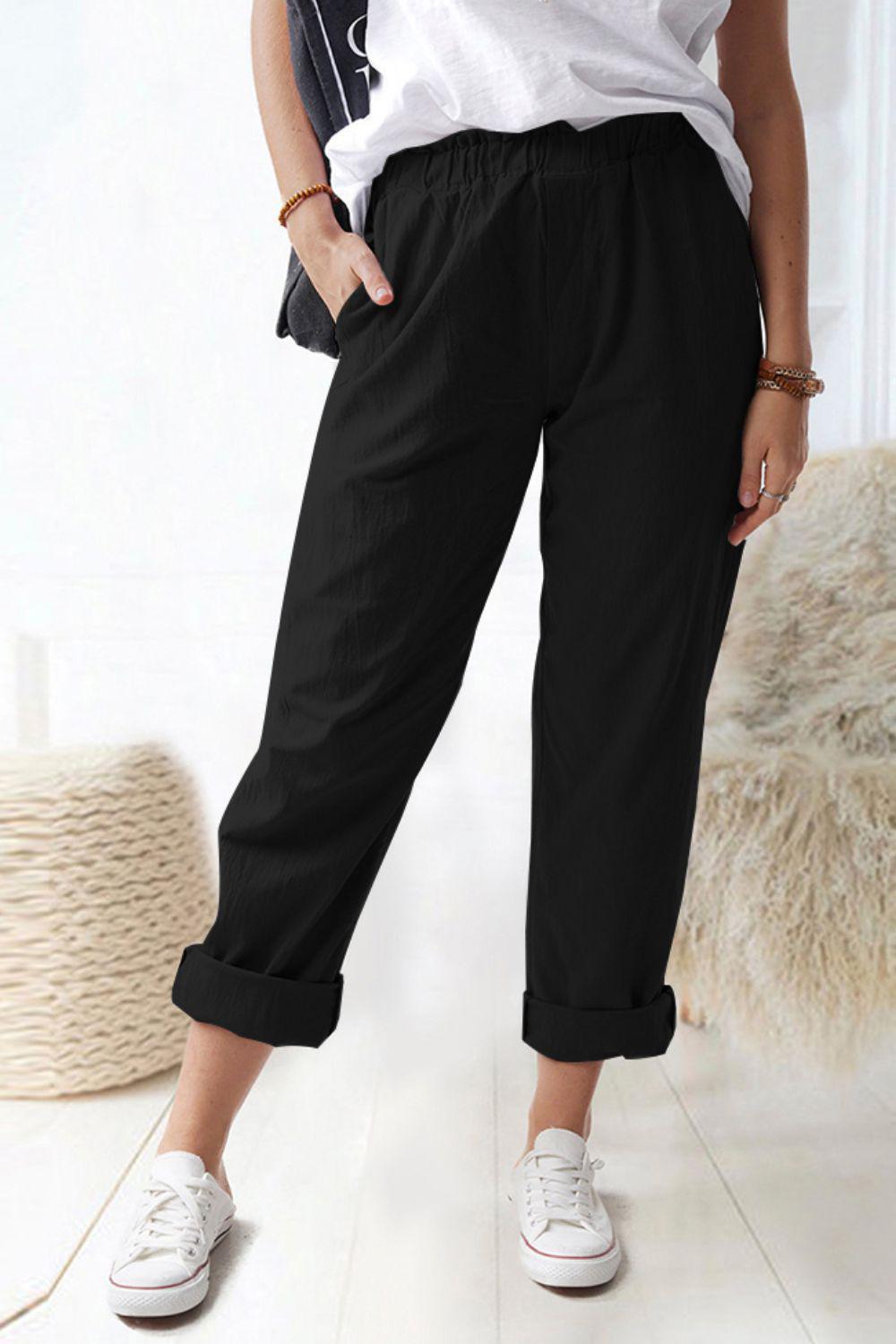 Paperbag Waist Pull-On Pants with Pockets BLUE ZONE PLANET