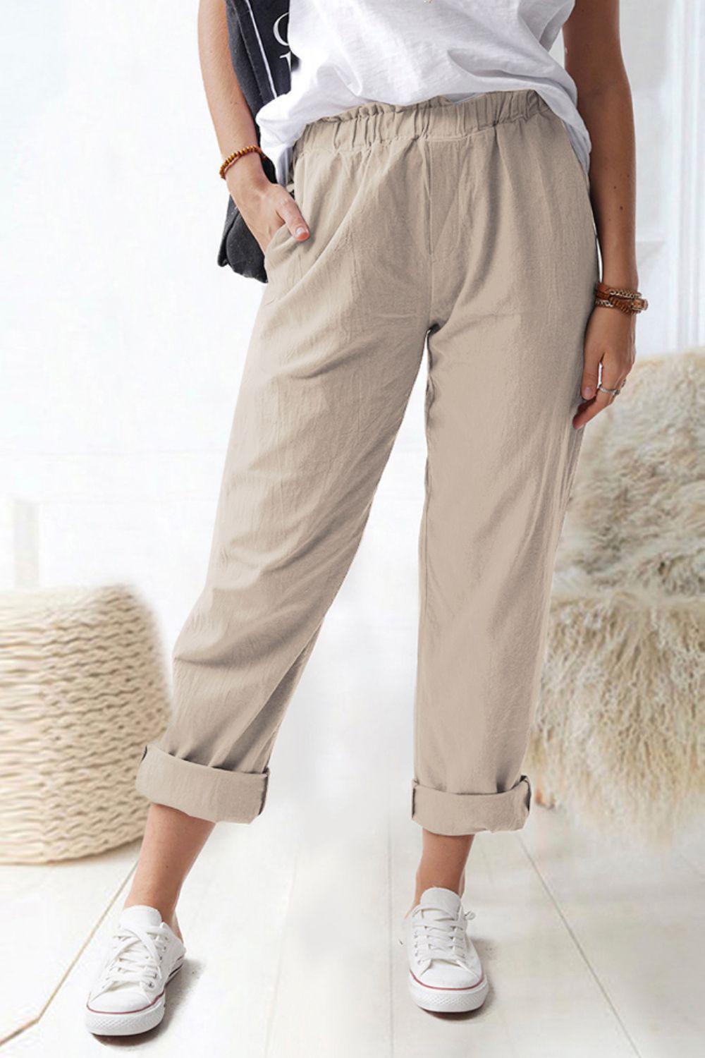 Paperbag Waist Pull-On Pants with Pockets BLUE ZONE PLANET