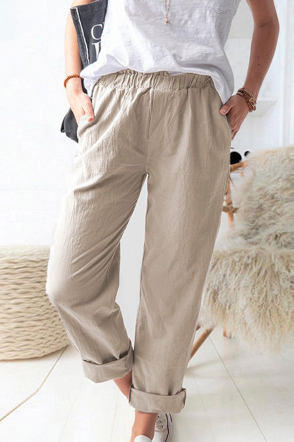 Paperbag Waist Pull-On Pants with Pockets BLUE ZONE PLANET