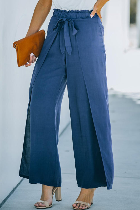 Paperbag Waist Tie Front Wide Leg Pants BLUE ZONE PLANET
