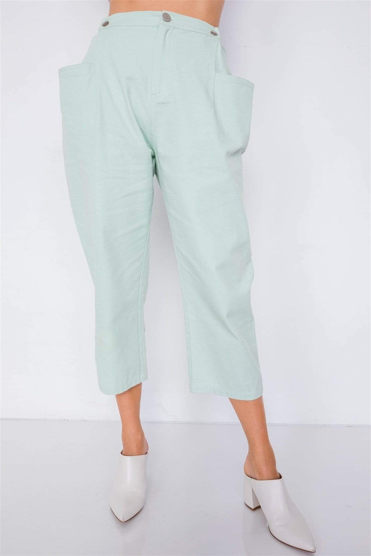 Pastel Chic Solid Ankle Wide Leg Adjustable Snap Waist Pants-BOTTOM SIZES SMALL MEDIUM LARGE-[Adult]-[Female]-Blue Zone Planet