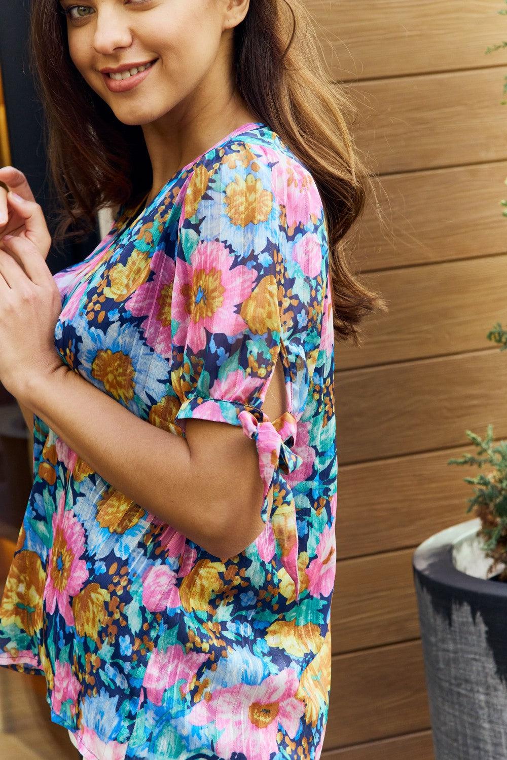 Petal Dew Full Size Floral V-Neck Tie Detail Blouse BLUE ZONE PLANET