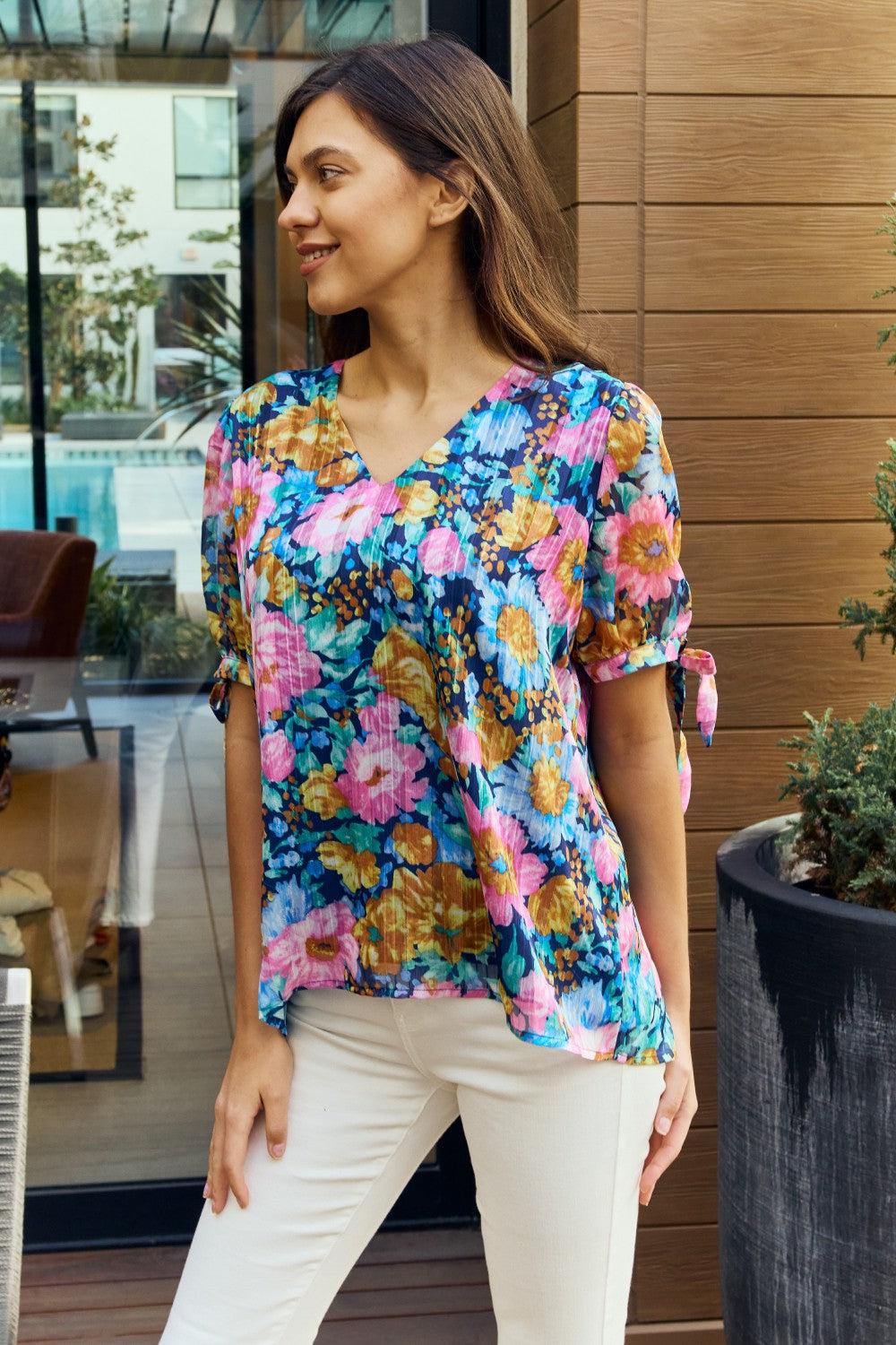 Petal Dew Full Size Floral V-Neck Tie Detail Blouse BLUE ZONE PLANET