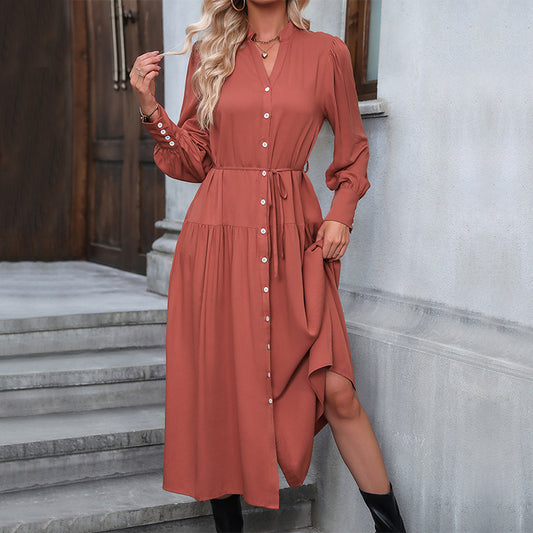 long-sleeved solid color versatile strappy henley collar shirt dress BLUE ZONE PLANET