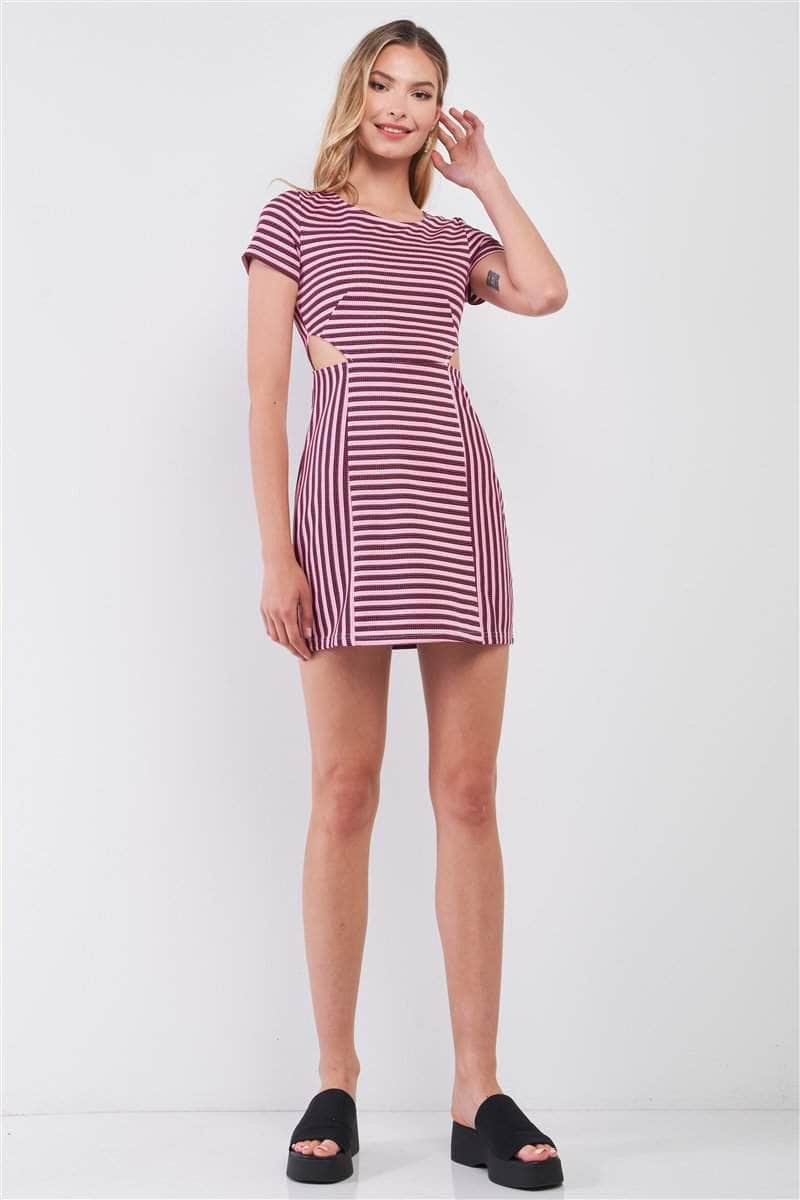 Pink & Black Striped Short Sleeve Cut-out Detail Tight Fit Mini Dress Blue Zone Planet