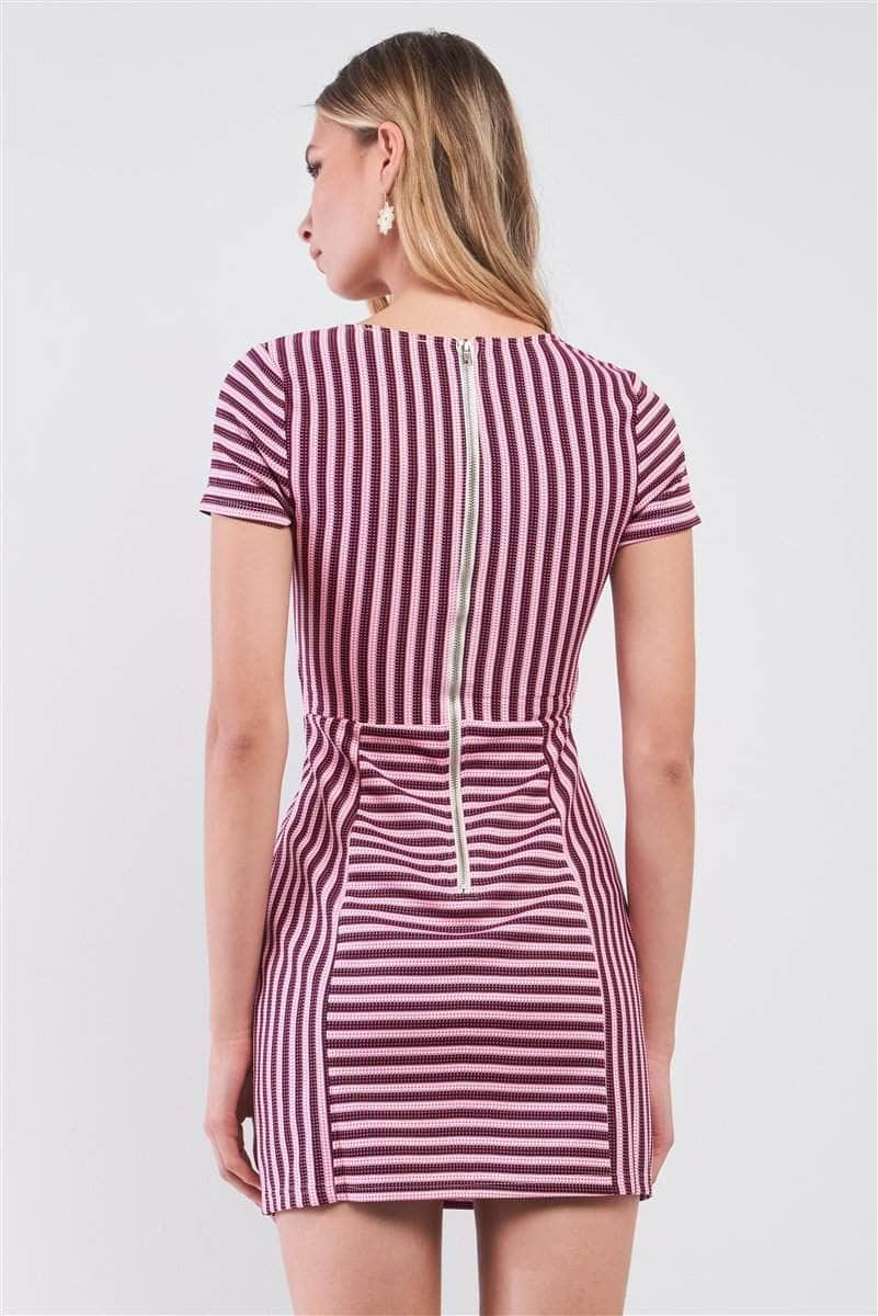 Pink & Black Striped Short Sleeve Cut-out Detail Tight Fit Mini Dress Blue Zone Planet