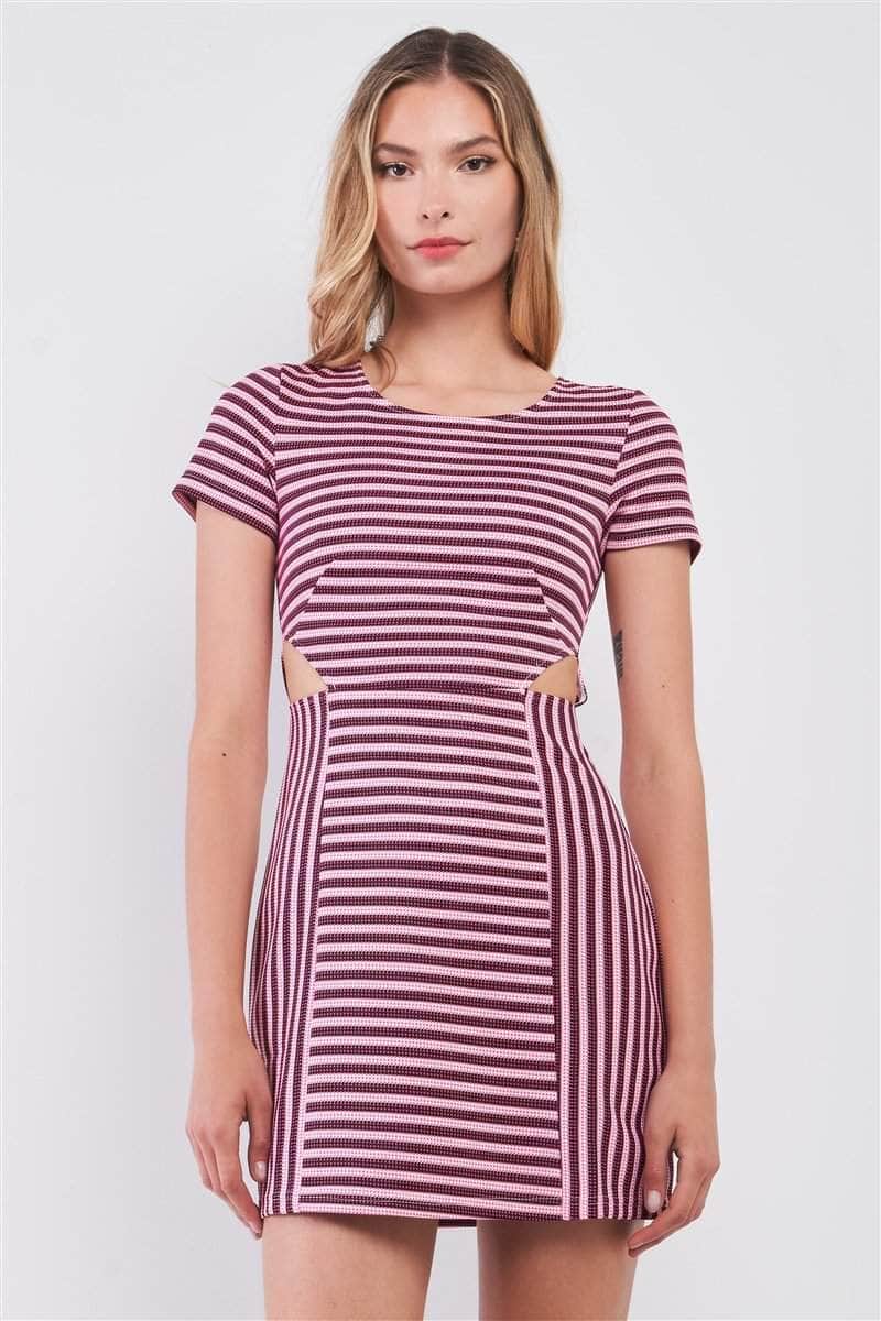 Pink & Black Striped Short Sleeve Cut-out Detail Tight Fit Mini Dress Blue Zone Planet