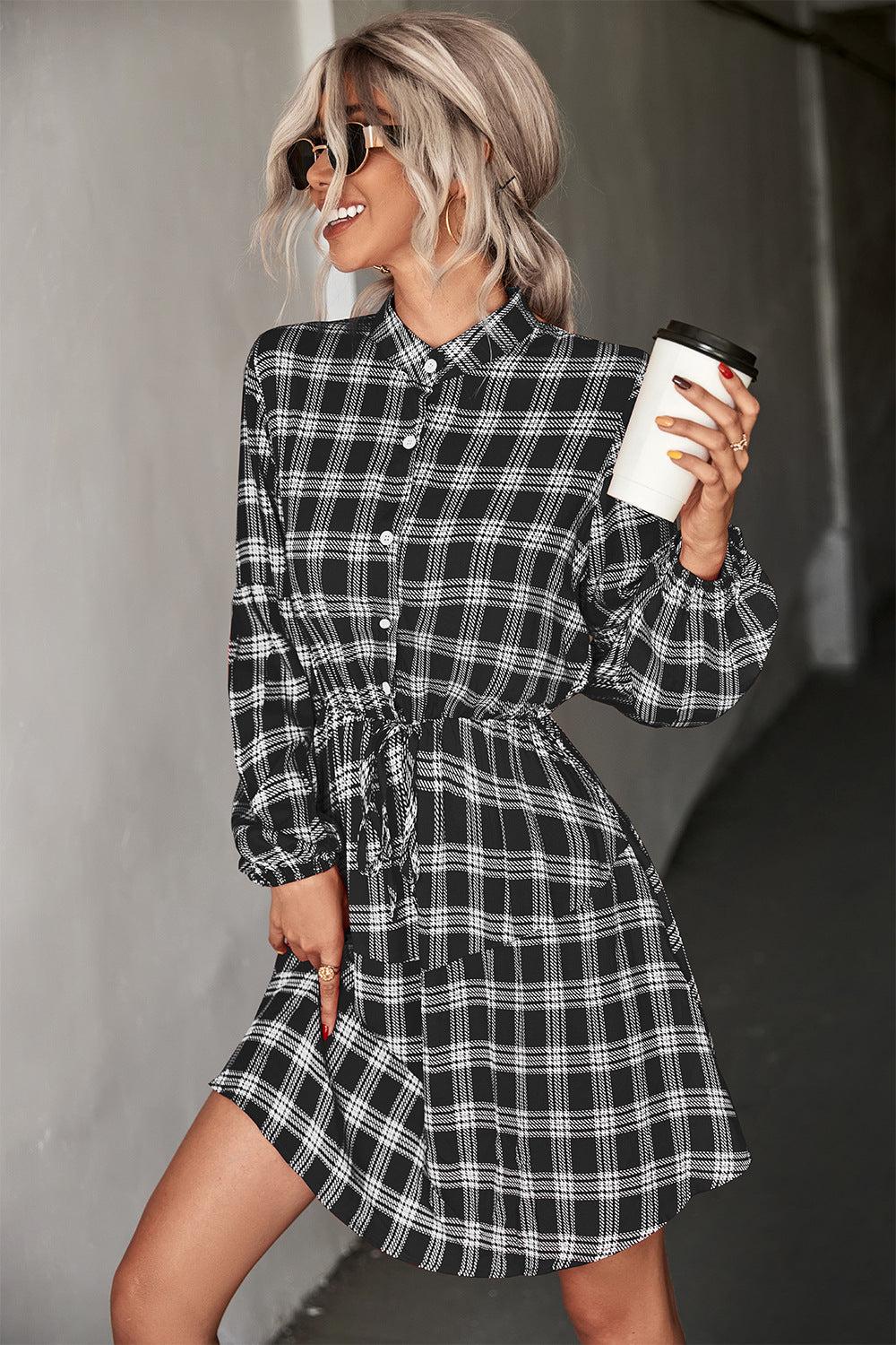 Plaid Band Collar Drawstring Shirt Mini Dress BLUE ZONE PLANET