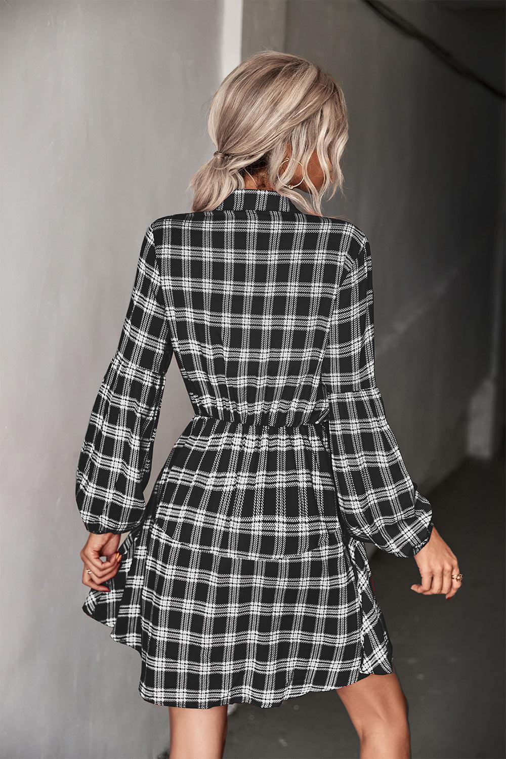 Plaid Band Collar Drawstring Shirt Mini Dress BLUE ZONE PLANET