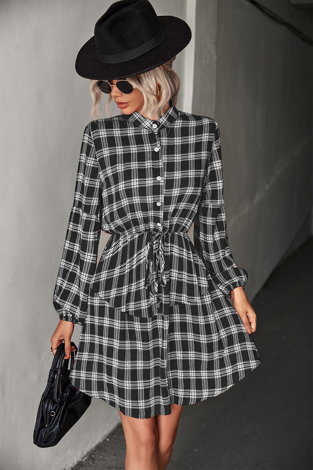 Plaid Band Collar Drawstring Shirt Mini Dress BLUE ZONE PLANET