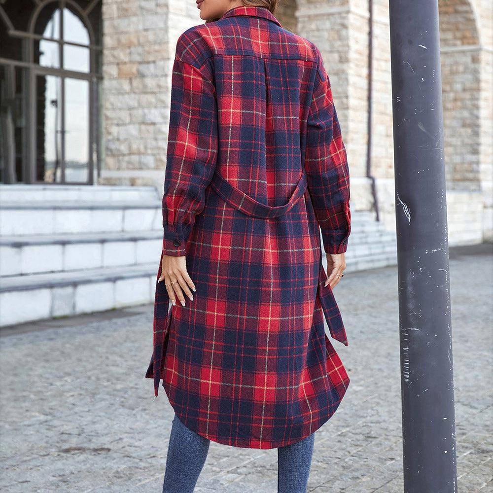 Plaid Belted Button Down Longline Shirt Jacket-TOPS / DRESSES-[Adult]-[Female]-Blue Zone Planet