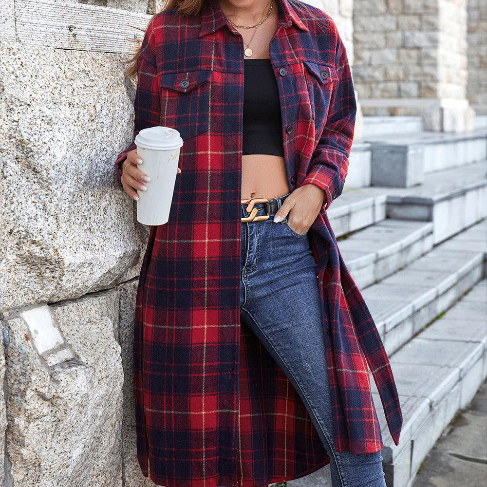 Plaid Belted Button Down Longline Shirt Jacket BLUE ZONE PLANET