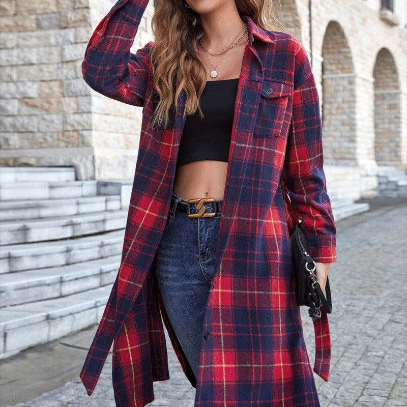 Plaid Belted Button Down Longline Shirt Jacket-TOPS / DRESSES-[Adult]-[Female]-Red-S-Blue Zone Planet
