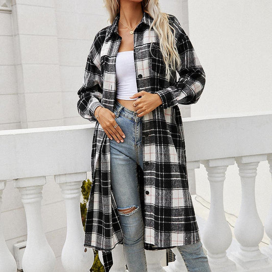 Plaid Belted Button Down Longline Shirt Jacket BLUE ZONE PLANET