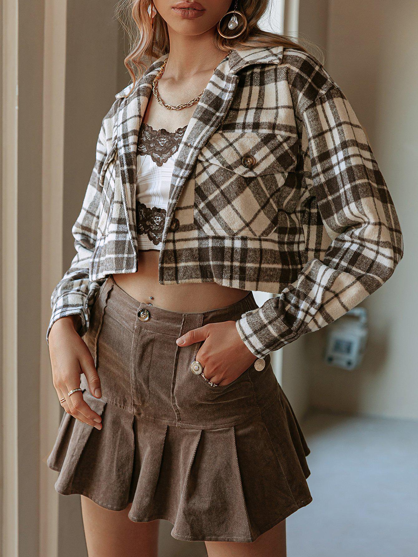Plaid Button Down Cropped Shirt Jacket-TOPS / DRESSES-[Adult]-[Female]-Blue Zone Planet