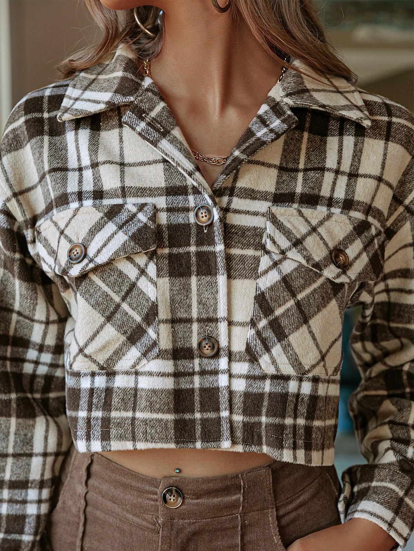 Plaid Button Down Cropped Shirt Jacket-TOPS / DRESSES-[Adult]-[Female]-Blue Zone Planet