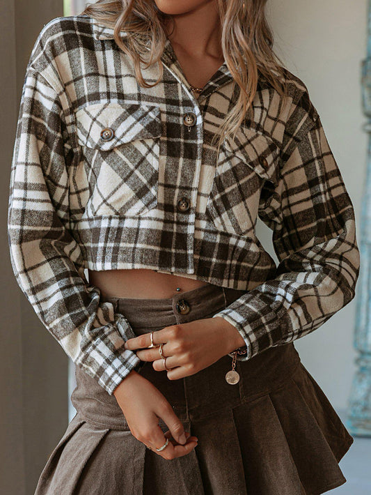 Plaid Button Down Cropped Shirt Jacket-TOPS / DRESSES-[Adult]-[Female]-Brown-S-Blue Zone Planet