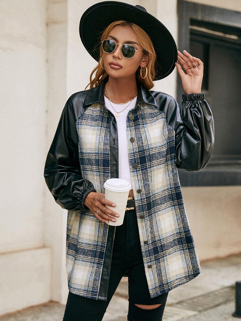 Plaid Button Down Raglan Sleeve Jacket BLUE ZONE PLANET