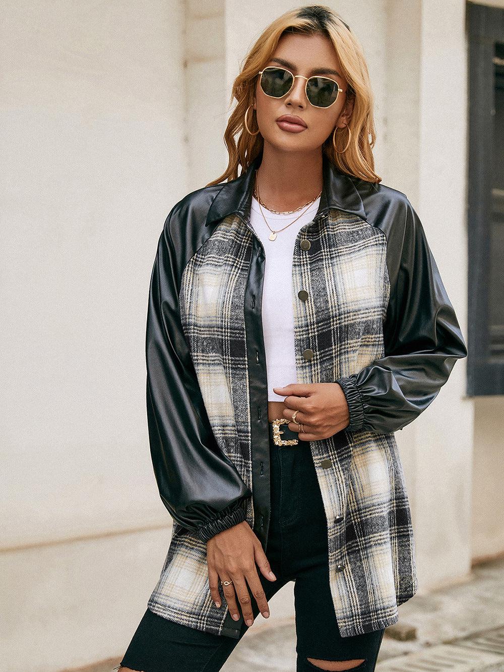 Plaid Button Down Raglan Sleeve Jacket BLUE ZONE PLANET