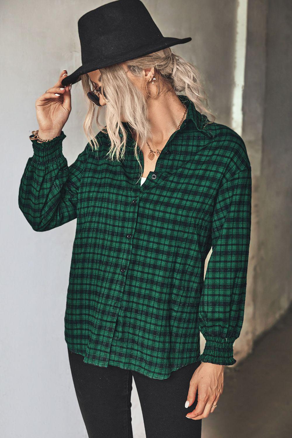 Plaid Button Front Dropped Shoulder Shirt BLUE ZONE PLANET