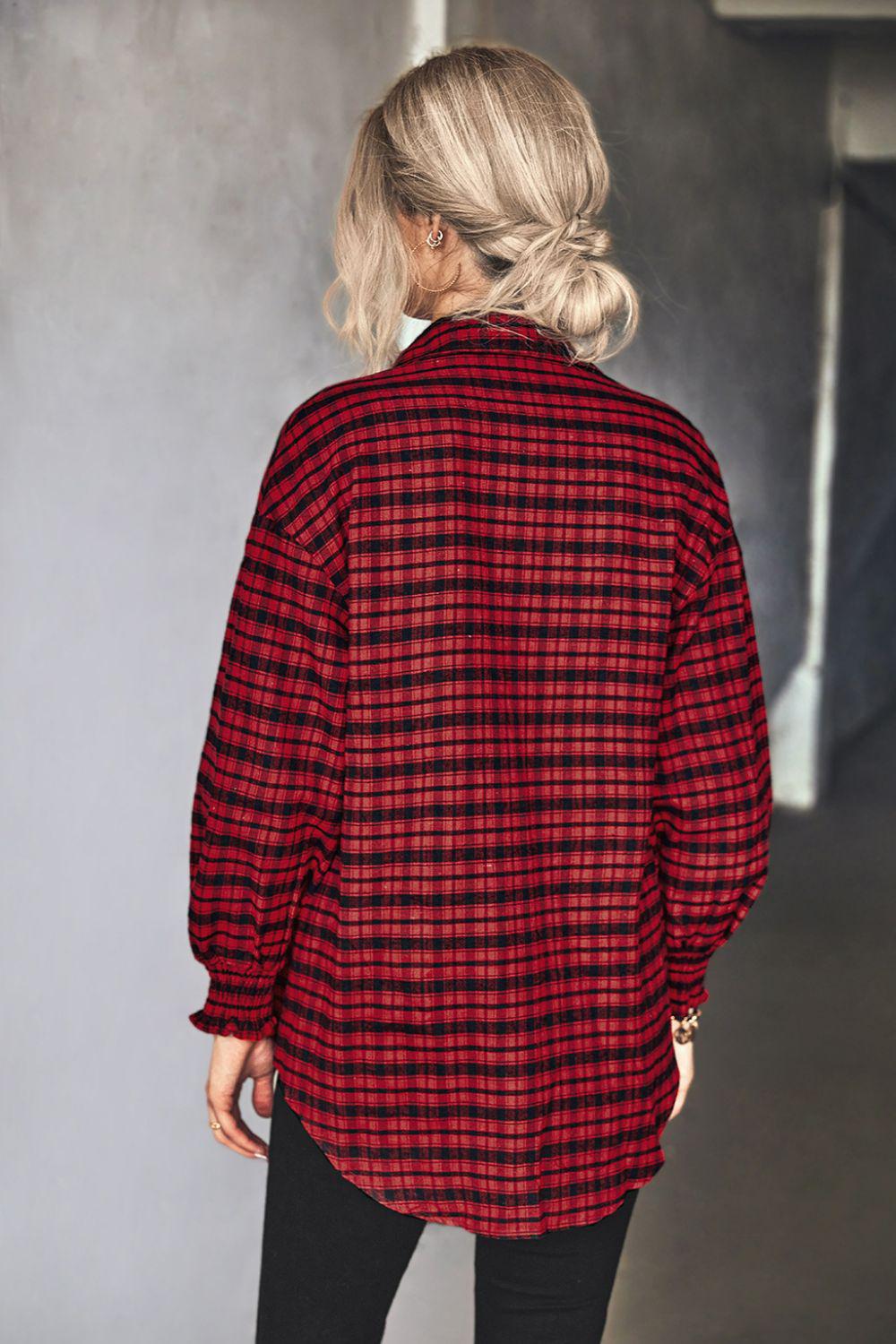 Plaid Button Front Dropped Shoulder Shirt BLUE ZONE PLANET