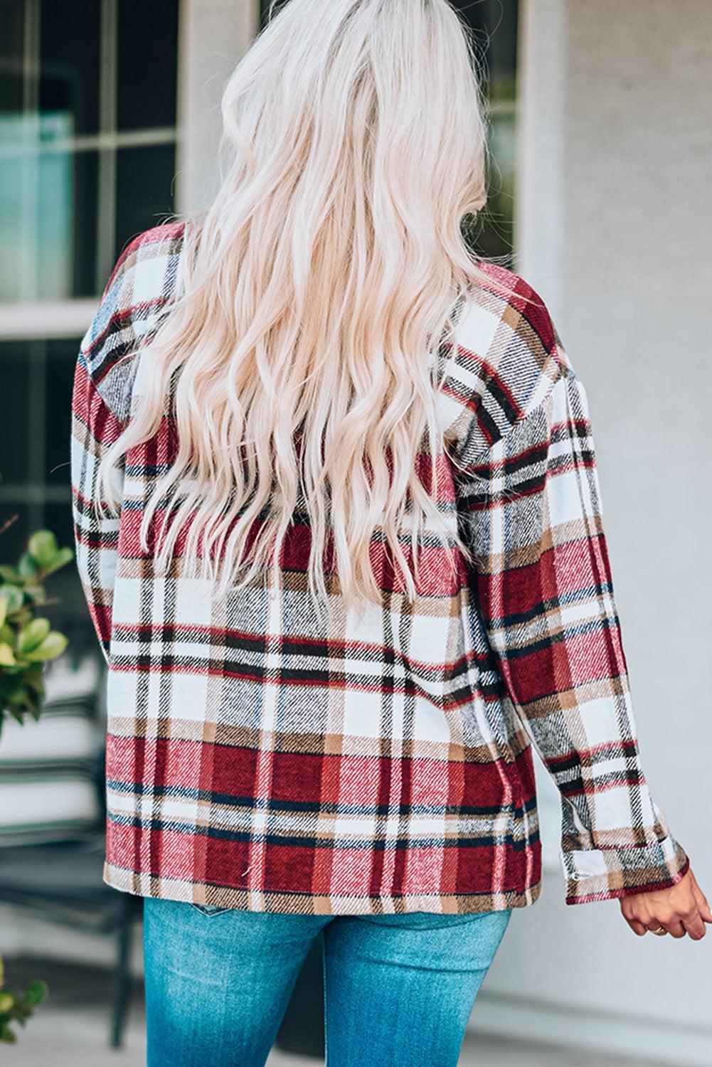 Plaid Button Front Shirt Jacket with Breast Pockets BLUE ZONE PLANET