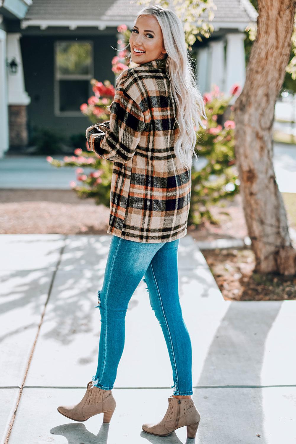 Plaid Button Front Shirt Jacket with Breast Pockets BLUE ZONE PLANET