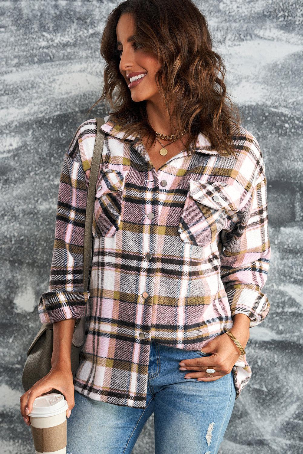 Plaid Button Front Shirt Jacket with Breast Pockets BLUE ZONE PLANET