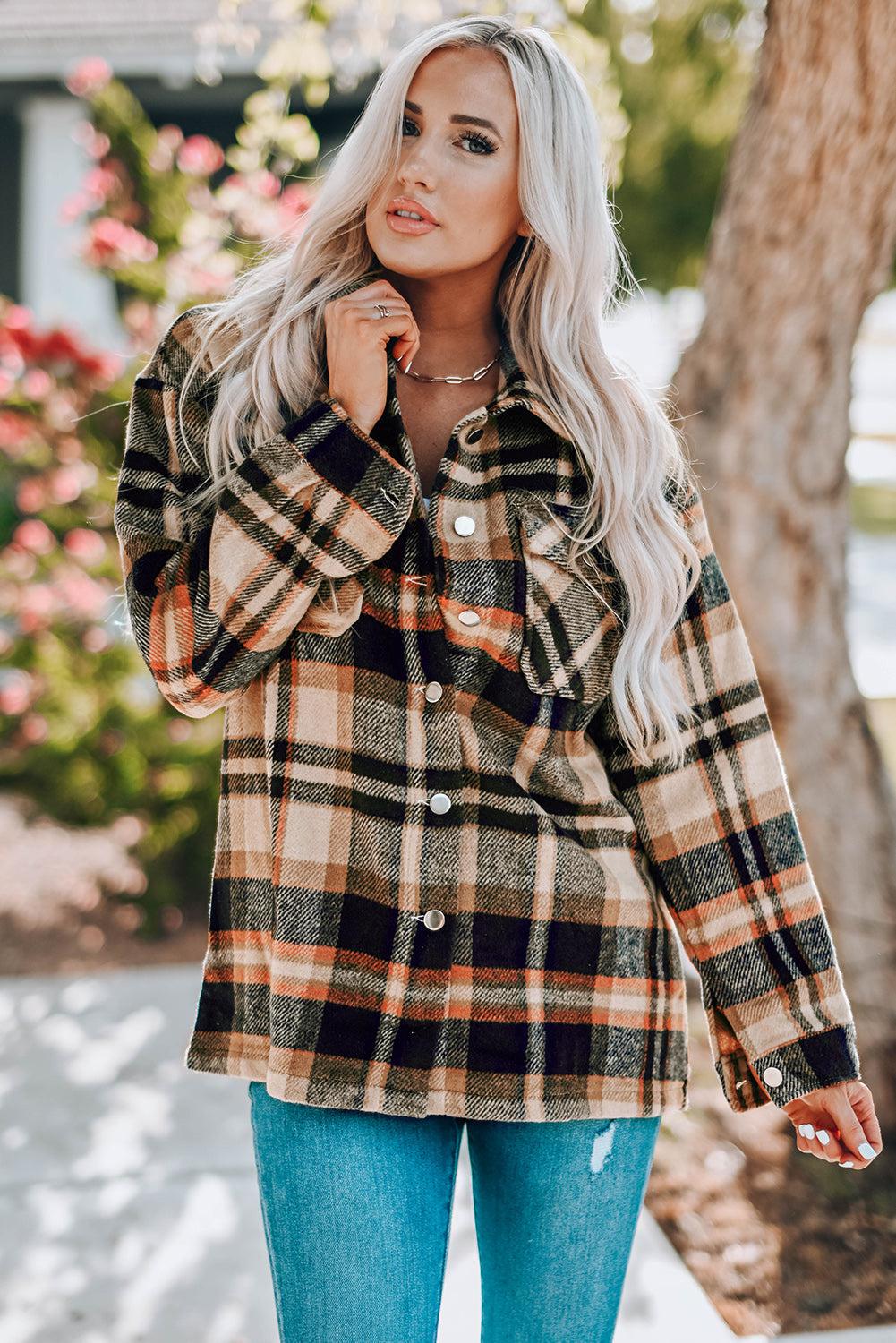 Plaid Button Front Shirt Jacket with Breast Pockets BLUE ZONE PLANET