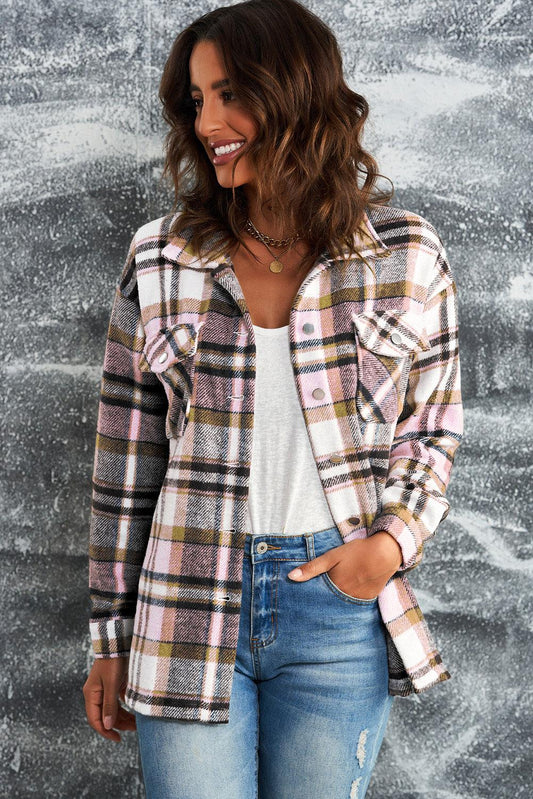 Plaid Button Front Shirt Jacket with Breast Pockets BLUE ZONE PLANET