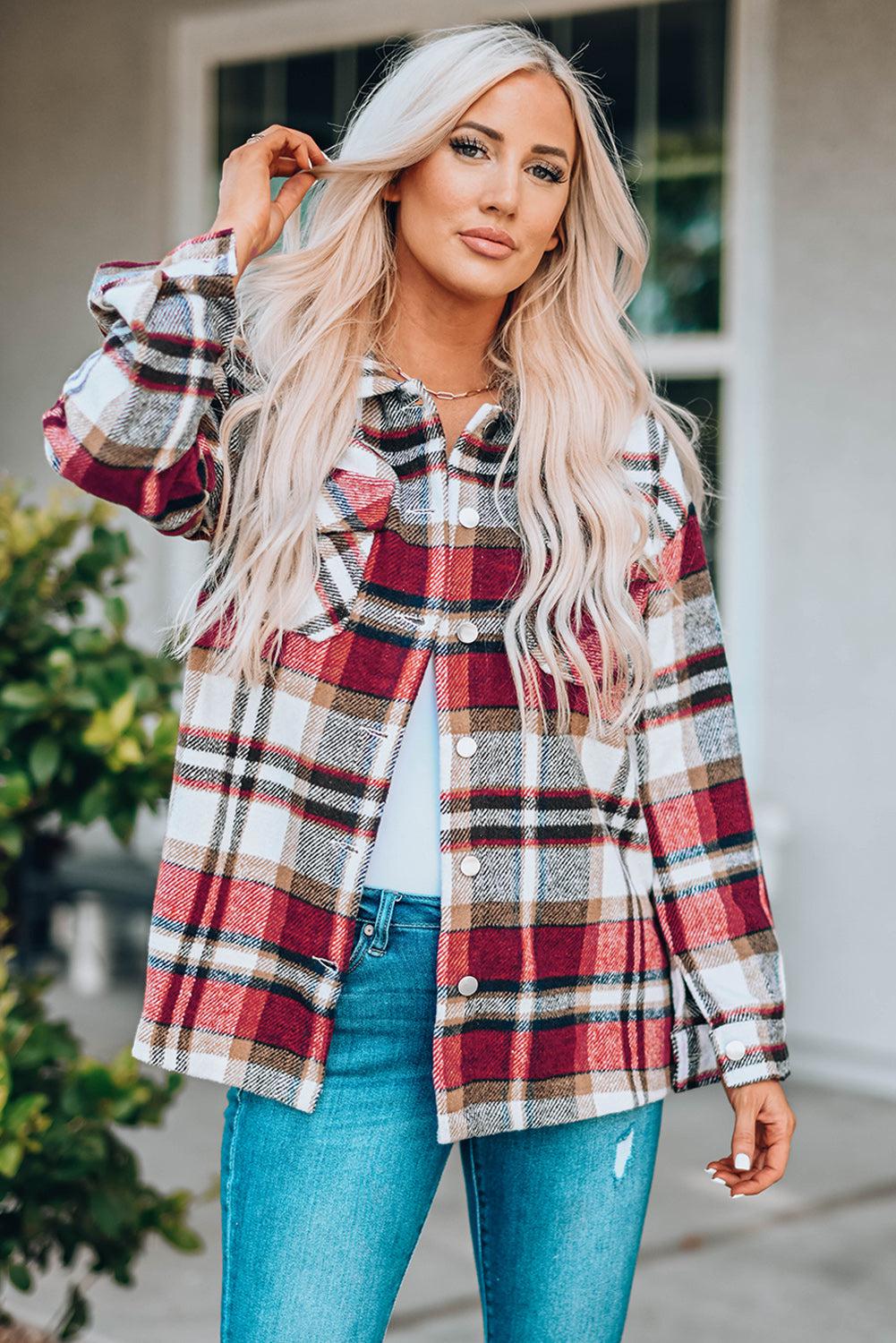 Plaid Button Front Shirt Jacket with Breast Pockets BLUE ZONE PLANET