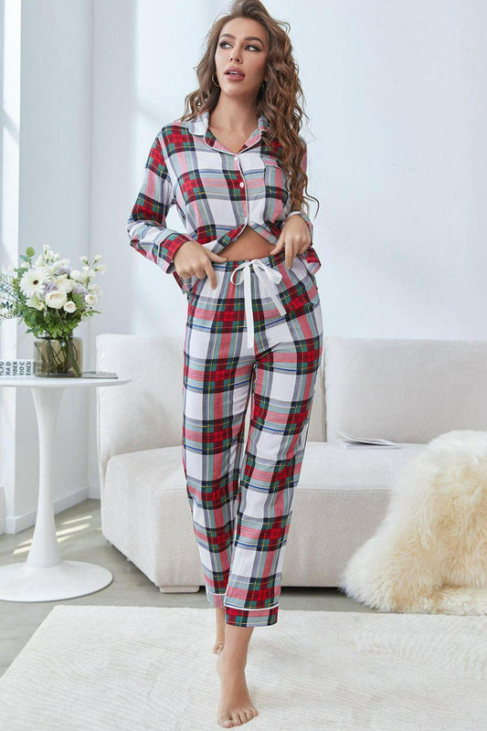 Plaid Button Front Top and Pants Lounge Set BLUE ZONE PLANET