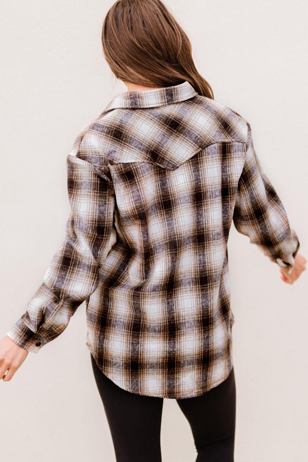 Plaid Button-Up Curved Hem Shirt with Breast Pockets BLUE ZONE PLANET