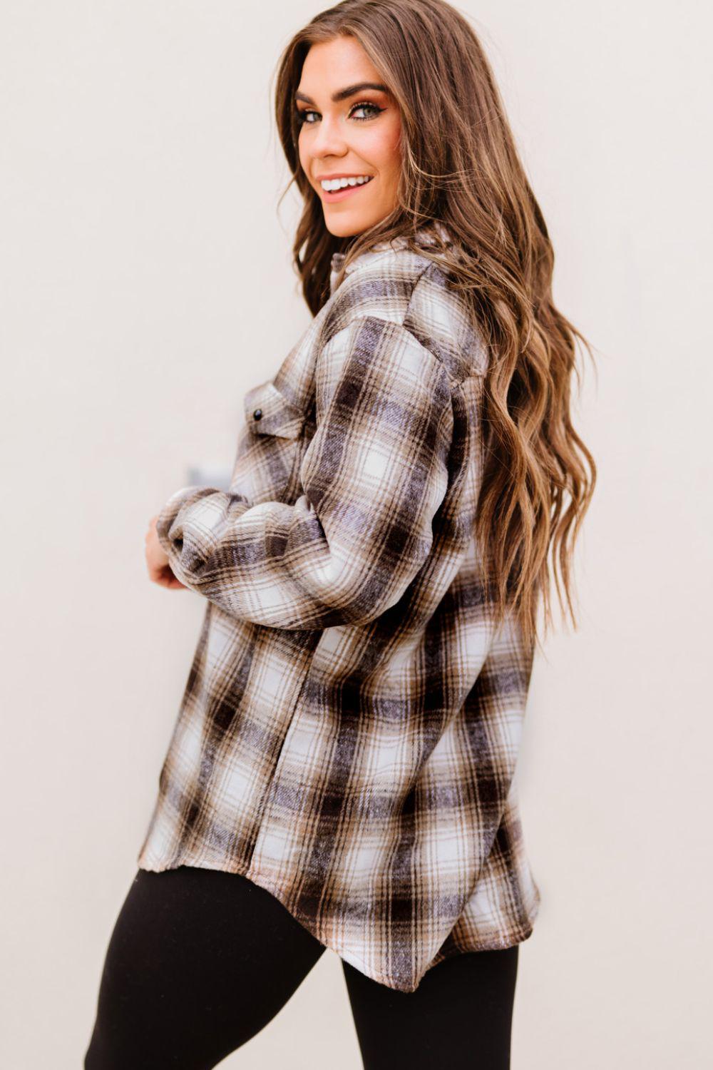 Plaid Button-Up Curved Hem Shirt with Breast Pockets BLUE ZONE PLANET