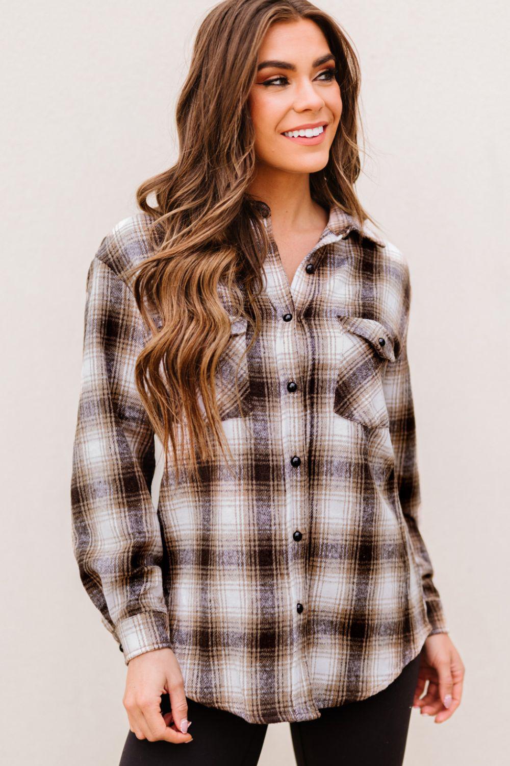 Plaid Button-Up Curved Hem Shirt with Breast Pockets BLUE ZONE PLANET