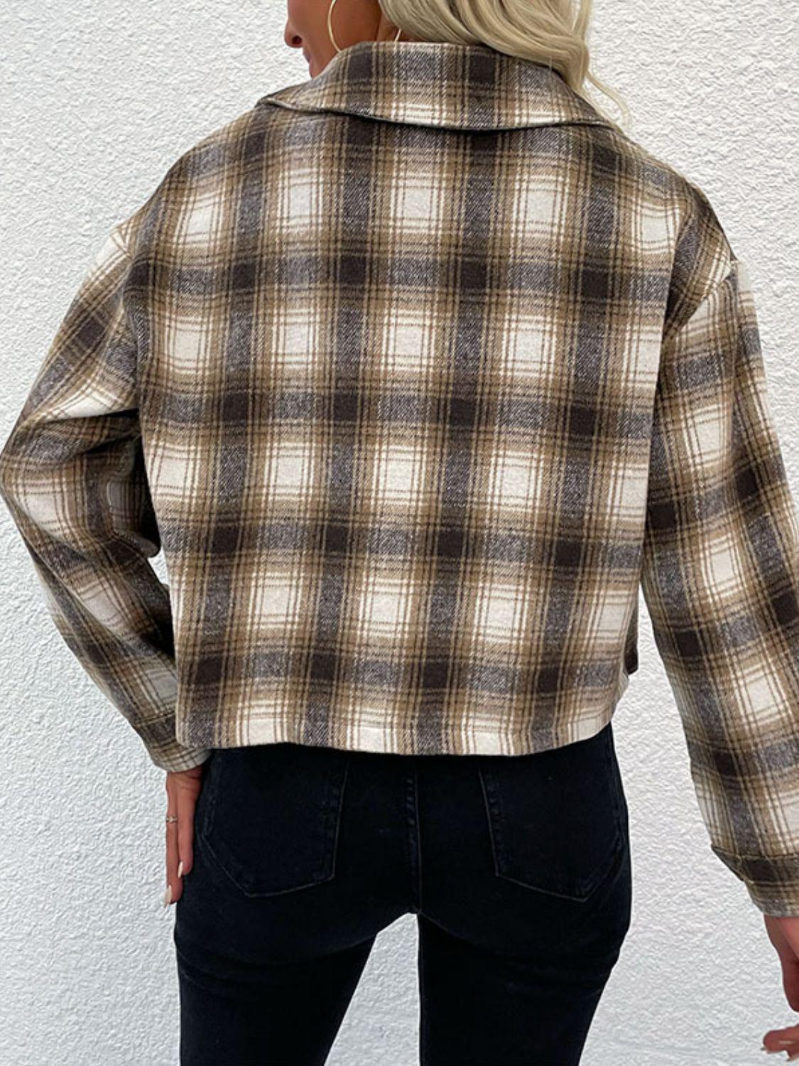 Plaid Button-Up Dropped Shoulder Shacket BLUE ZONE PLANET