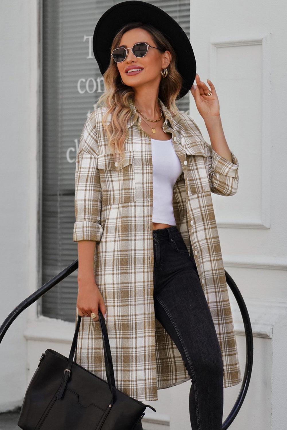 Plaid Button-Up Longline Shacket with Breast Pockets BLUE ZONE PLANET
