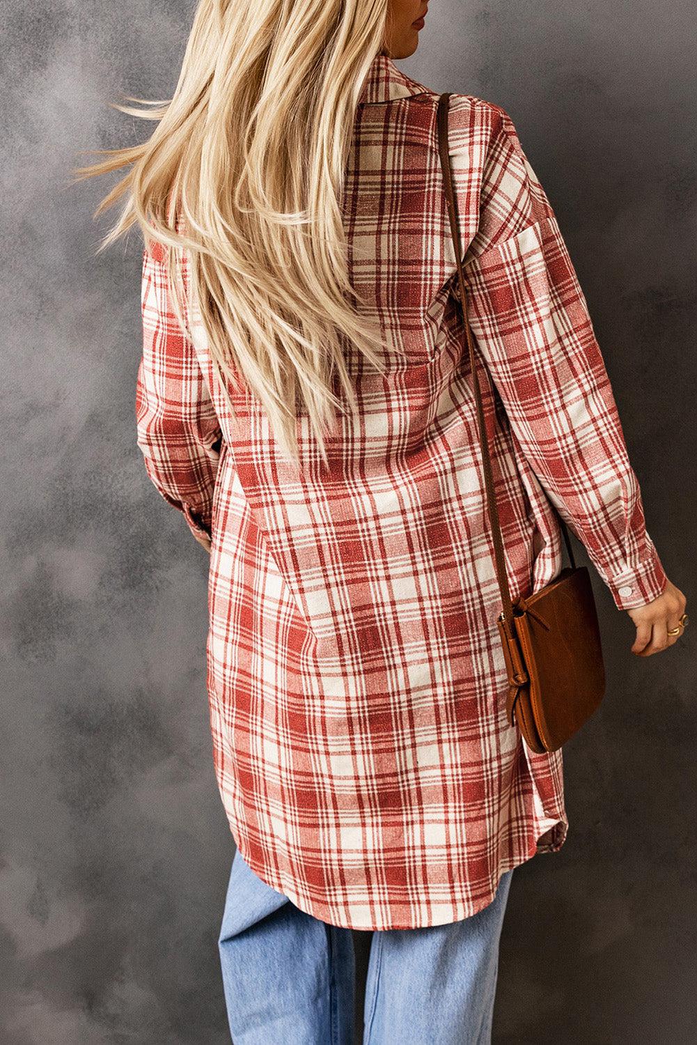 Plaid Button-Up Longline Shacket with Breast Pockets BLUE ZONE PLANET