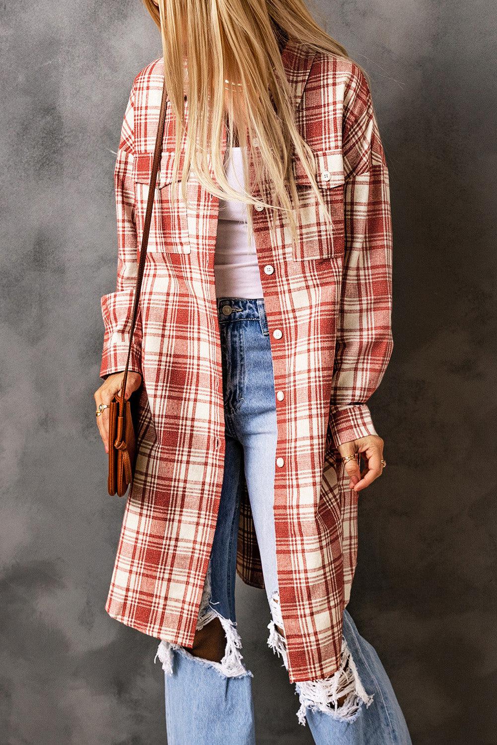 Plaid Button-Up Longline Shacket with Breast Pockets BLUE ZONE PLANET