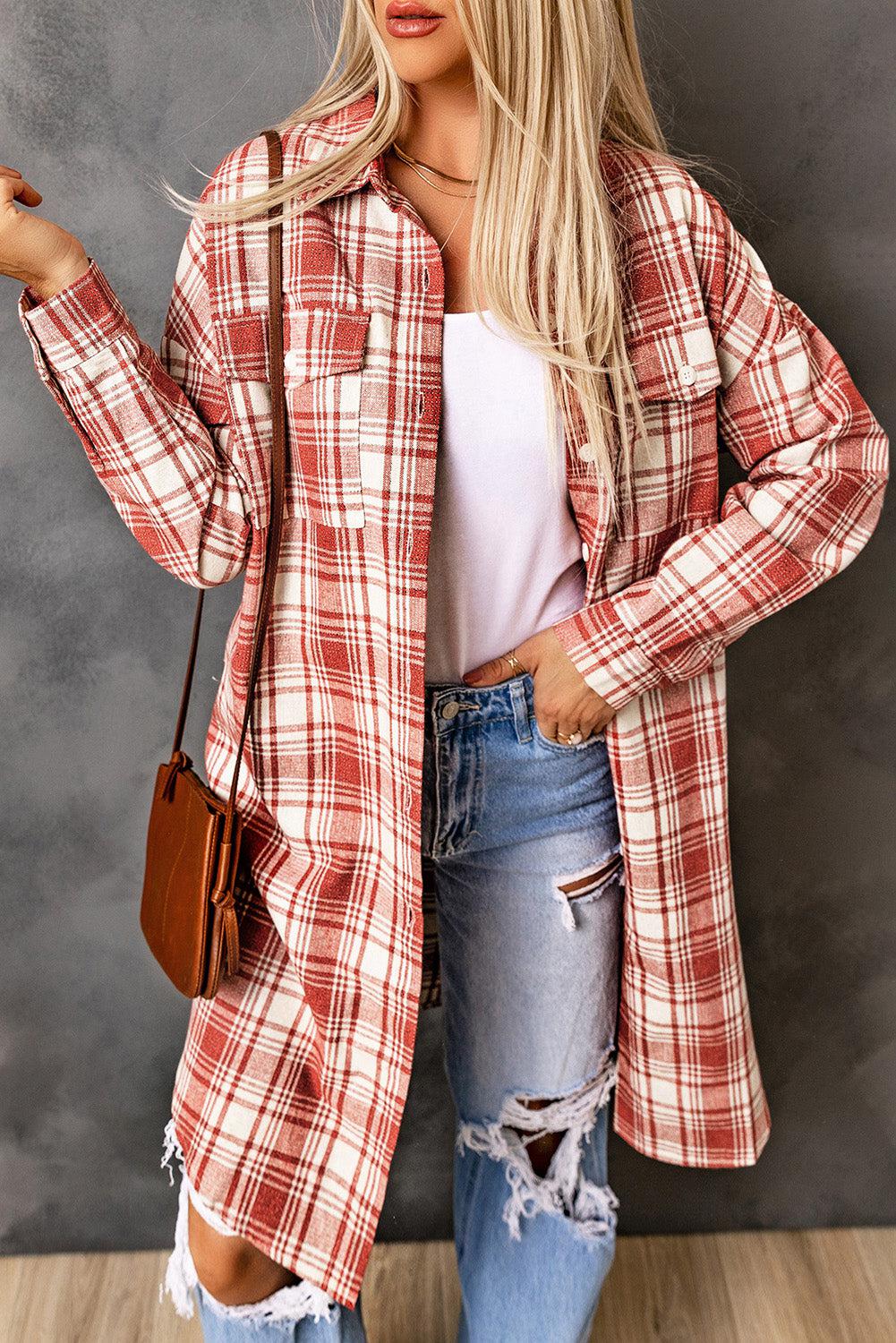 Plaid Button-Up Longline Shacket with Breast Pockets BLUE ZONE PLANET